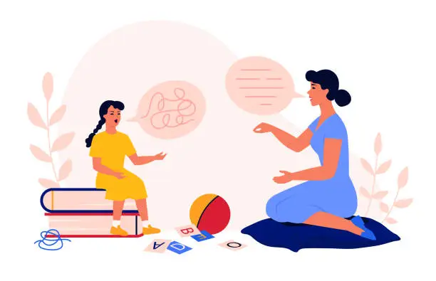 Vector illustration of Speech therapist appointment. Girl doing tongue exercises.  Woman teaching child pronunciation. Speech disorder, development delay. Pediatrician in the kindergarten, school.  Stutter, speech correction, tongue exercises. Flat vector illustration.