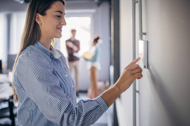 Young woman changing temperature on thermometer in the office