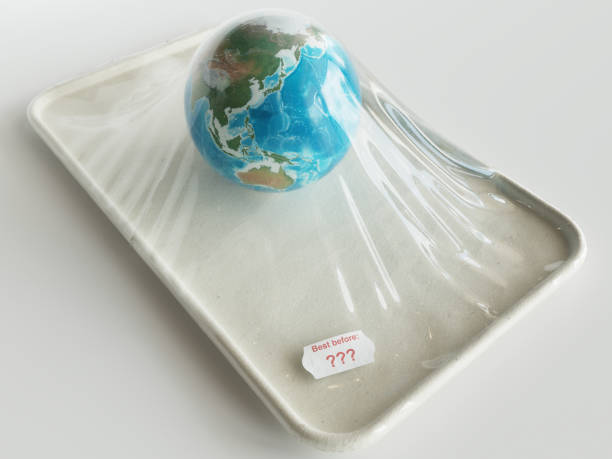 istock Earth globe in vacuum packaging with english expiry date - Global warming concept work -3D rendering 1446241364