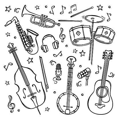 MUSICAL INSTRUMENTS Large Design Collection For Concerts And Recording Studios Notes Treble Clef Microphones And Headphones Monochrome Hand Drawn Vector Set