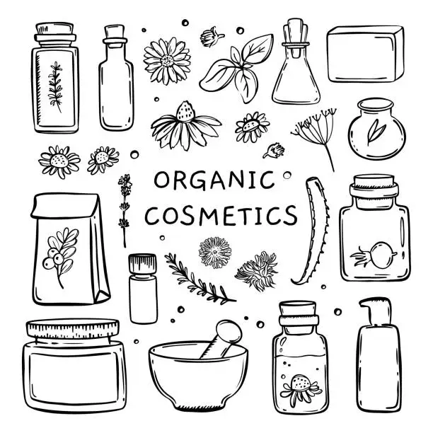 Vector illustration of ORGANIC COSMETICS Monochrome Hand Drawn Vector Collection