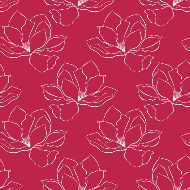 viva magenta color of the year 2023 pattern with white magnolia contour. - viva magenta 幅插畫檔、美工圖案、卡通及圖標