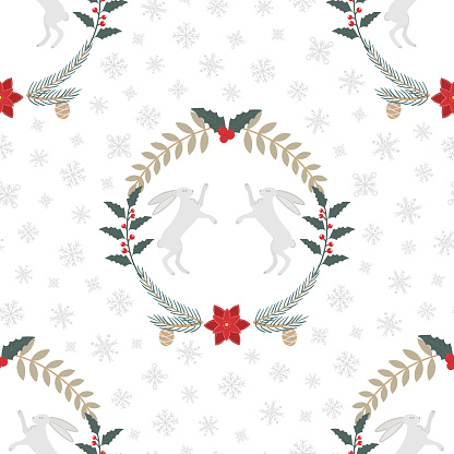 istock Christmas pattern with a rabbit, holly, spruce branches, poinsettia, snowflakes and berries. 1446245449