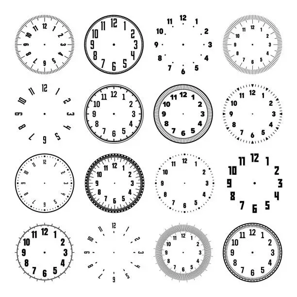 Vector illustration of Mechanical clock faces with arabic numerals, bezel. Watch dial with minute, hour marks and numbers. Timer or stopwatch element. Blank measuring circle scale with divisions. Vector illustration