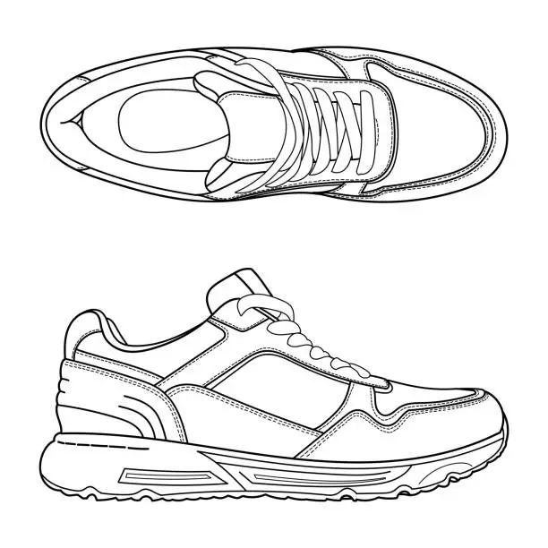 Vector illustration of Hand drawn detailed sneakers, gym shoes. Classic vintage style. Outline doodle vector illustration. Top view