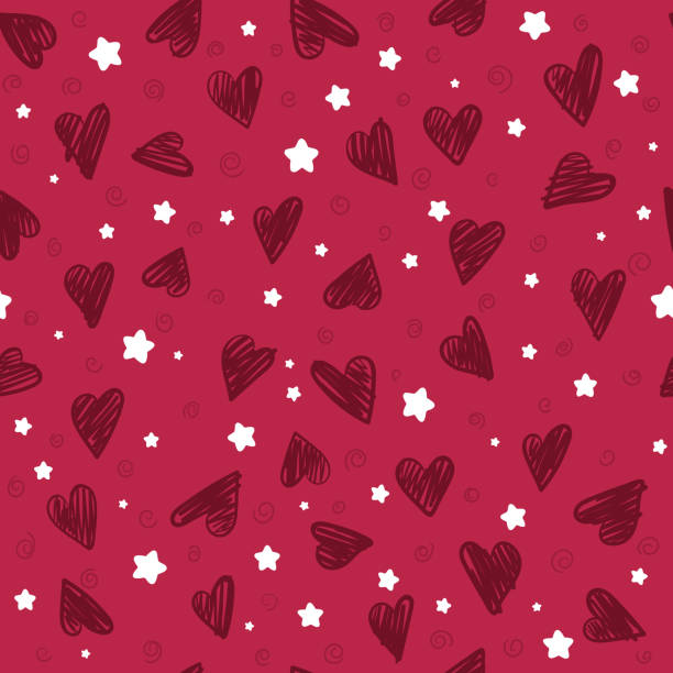 seamless romantic pattern with hand drawing hearts. saint valentine background. cute kid texture. viva magenta trendy color. - viva magenta 幅插畫檔、美工圖案、卡通及圖標