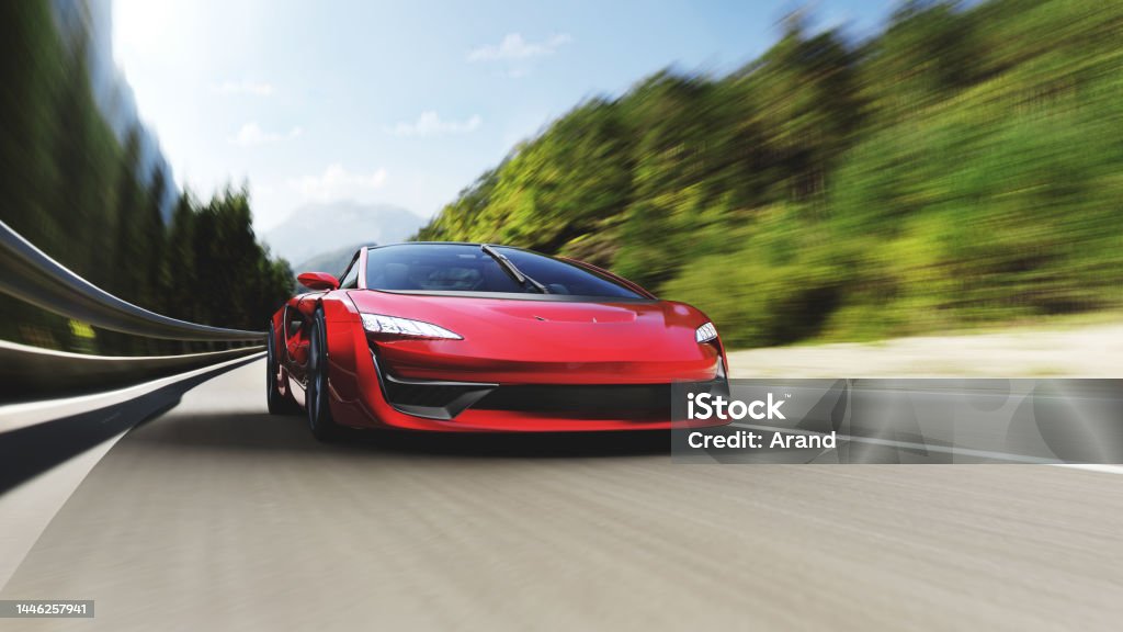 red sports car driving on a mountain road red sports car driving on a mountain road, Shallow DOF,  3D render, generic car of my own design. Sports Car Stock Photo