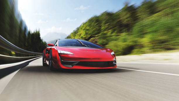 red sports car driving on a mountain road red sports car driving on a mountain road, Shallow DOF,  3D render, generic car of my own design. sports car stock pictures, royalty-free photos & images