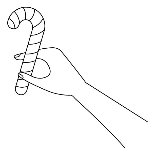 Vector illustration of Hold a candy in your hand. Striped candy stick in the form of a cane in the palm of your hand