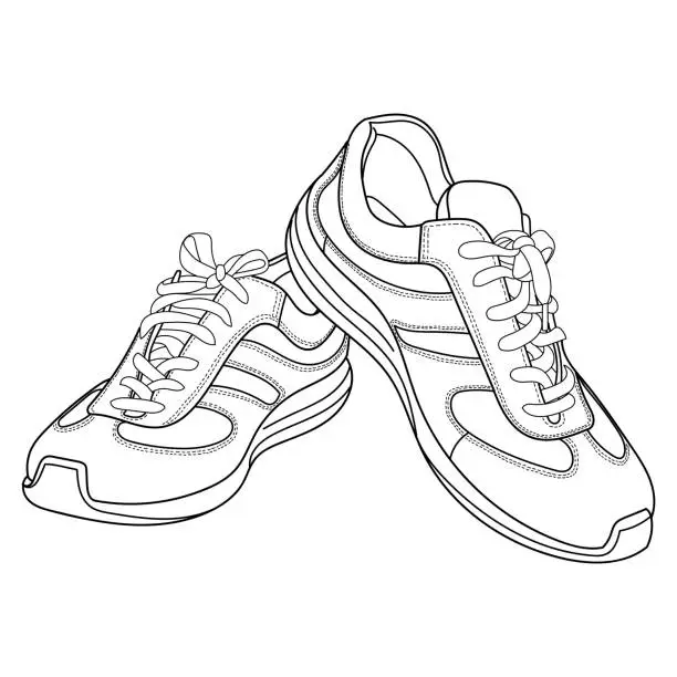 Vector illustration of Hand drawn detailed sneakers, gym shoes 3d view. Classic vintage style. Doodle vector illustration.