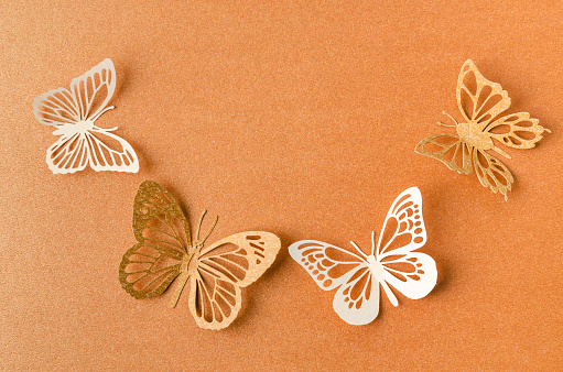Paper butterflies on a orange paper background with empty space.