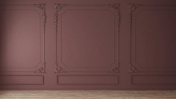 Red tone wall with classic style mouldings and wooden floor, empty room interior, 3d render