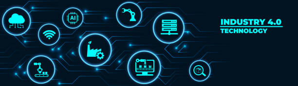 istock Smart Industry 4.0 concept. Factory automation. Autonomous industrial technology. Industrial revolutions steps. Vector illustration. 1446262459