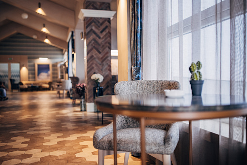 Modern furniture in luxury hotel lobby.