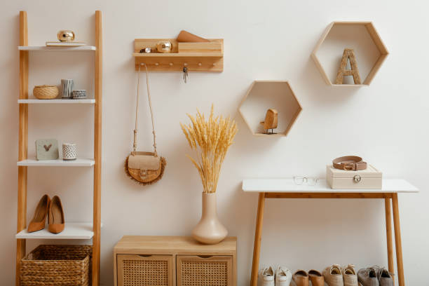 istock Stylish hanger for keys on white wall in hallway 1446265423