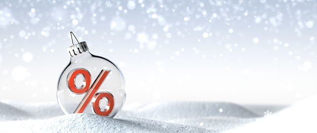 A percent in the Christmas tree globe in the snow.  3d illustration.