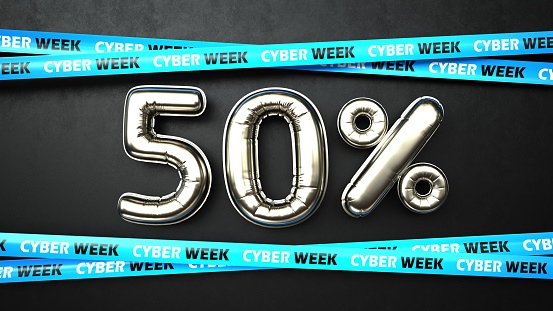 Cyber Week half price offers. 3d illustration.