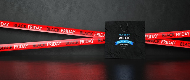 Black friday and Cyber Week shopping bag with tape on the black background. 3d illustration.