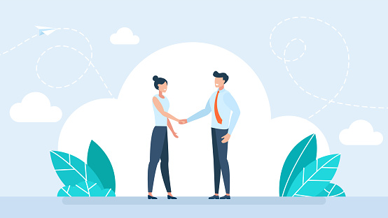 Handshake of business partners. Handshake man and woman. Meet business partners. Business people. Hand shaking meeting agreement.  Symbol of a successful deal, or transaction. Flat vector illustration