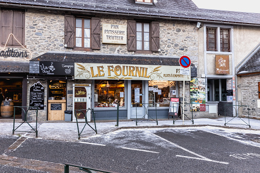 Saint Lary Soulan, France - December 26, 2020: Le Fournil bakery (the bakery) in the town center of the ski resort on a winter day