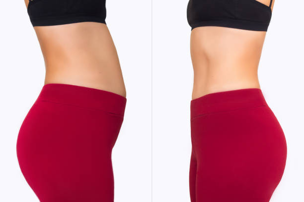 A young woman's body in profile with a belly before and after weight A young woman's body in profile with a belly with excess fat before and toned slim stomach with abs after weight on a light background. Result of diet, liposuction, training pot belly stock pictures, royalty-free photos & images