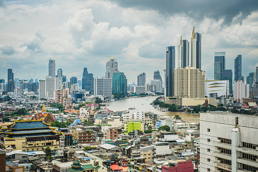 Bangkok City skyline view of Chao Phraya River cityscape at daytime, Yaumarat road, Thailand