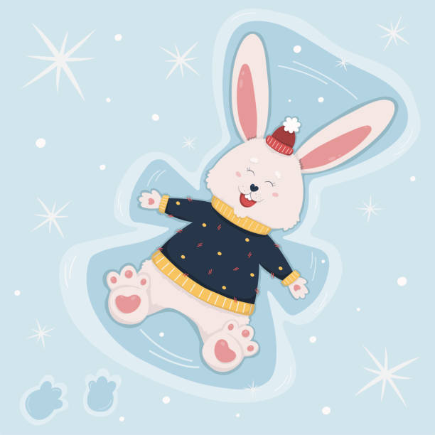 Cute rabbit makes snow angel Cute rabbit makes snow angel, snowfall. Festive poster greeting card hand drawn. Flat vector illustration making snow angels stock illustrations