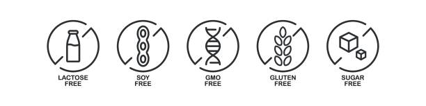 글루텐, gmo, 유당, 설탕, 콩 무료 아이콘 세트.  알레르겐 무료 그림 기호입니다. 다이어트 식품 벡터 서명 - gluten free food stock illustrations