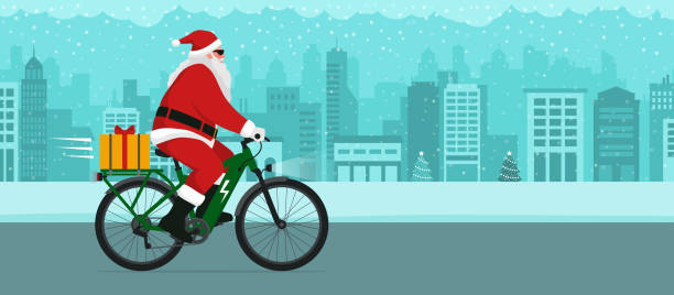 illustrations, cliparts, dessins animés et icônes de père noël sur un vélo électrique écologique - père noel à vélo