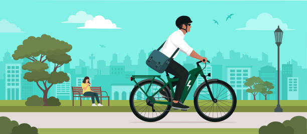 ilustrações de stock, clip art, desenhos animados e ícones de man riding an electric bike - electric bicycle