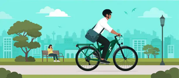 Vector illustration of Man riding an electric bike