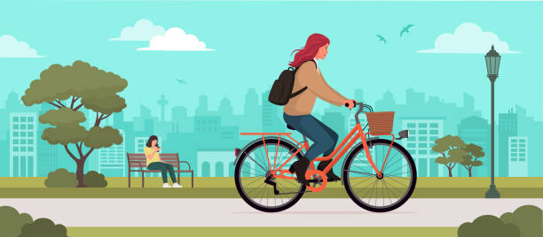 modische frau fährt fahrrad - cyclist cycling road women stock-grafiken, -clipart, -cartoons und -symbole