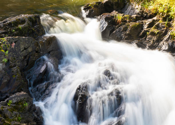 Maine stream in the daytime running over the rocks into a cascade