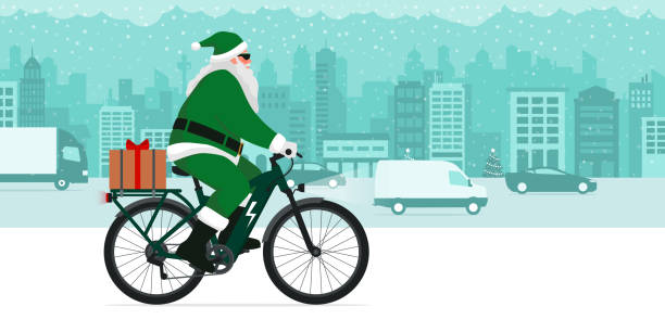 ilustrações de stock, clip art, desenhos animados e ícones de santa claus riding an eco-friendly e-bike - pilha roupa velha