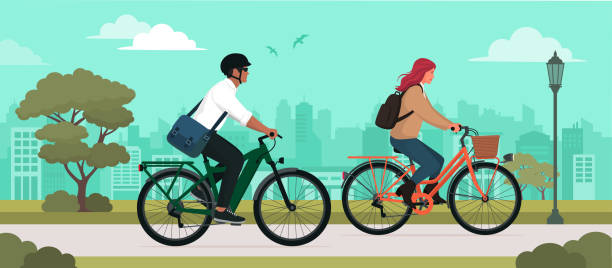 Couple riding bicycles at the city park vector art illustration