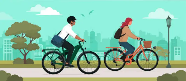 Vector illustration of Couple riding bicycles at the city park
