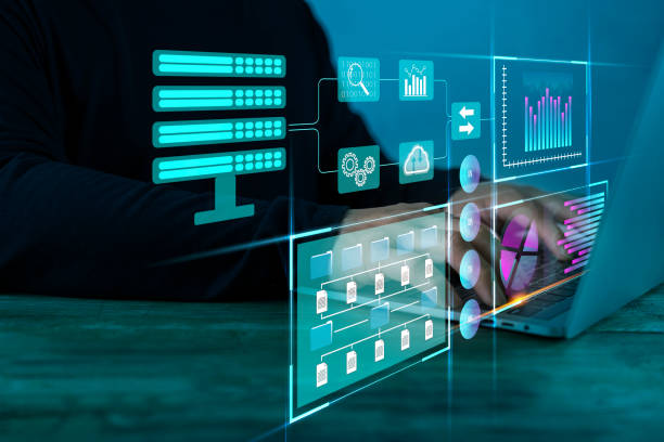 Business Analytics and Data Management System on computer, make a report with KPI and metrics connected to database. stock photo