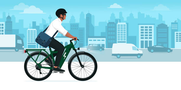 mann auf einem elektrofahrrad - cycling bicycle healthy lifestyle green stock-grafiken, -clipart, -cartoons und -symbole