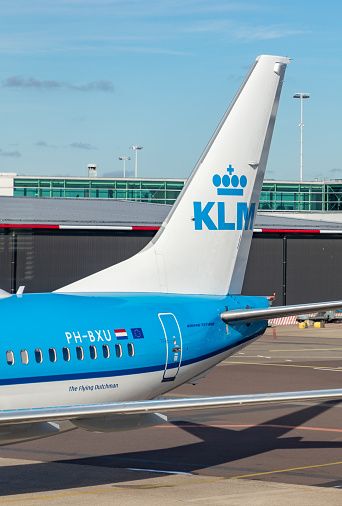 Amsterdam, Netherlands - October 19, 2022: A close-up picture of a KLM plane.