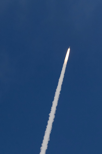 July 30, 2020 - Cape Canaveral, Florida: A United Launch Alliance Atlas V Rocket in the air carrying a payload to Mars. The payload is the Mars rover Perseverance. This is a view from Jetty Park, a popular public viewing area about 8 miles from the launch pad.