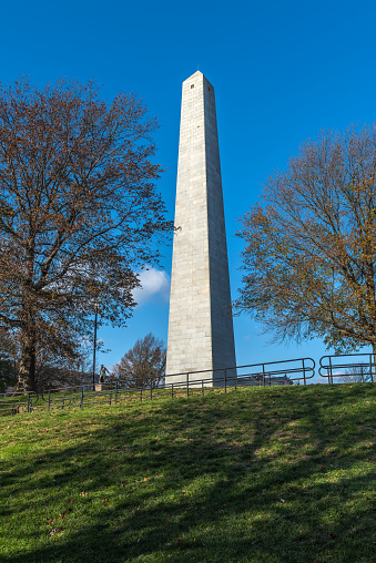 View of the majestic Bunker Hill landmark in the Charlestown neighborhood of Boston. The Bunker Hill Monument is a monument erected at the site of the Battle of Bunker Hill in Boston, Massachusetts, which was among the first major battles between the Red Coats and the Patriots in the American Revolutionary War.