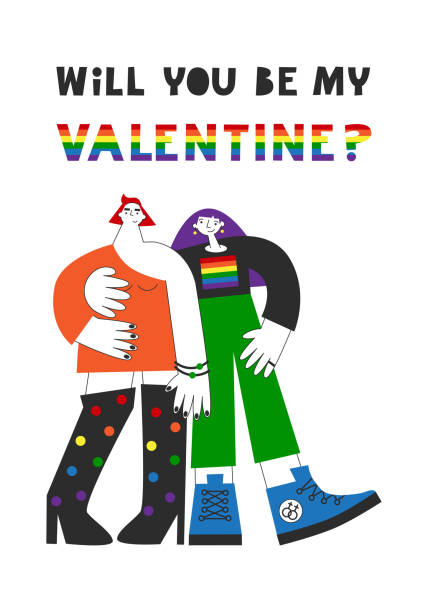 illustrazioni stock, clip art, cartoni animati e icone di tendenza di coppia di donne gay che si abbracciano in una romantica carta di giorno con la bandiera arcobaleno. sarai la mia citazione di san valentino. diritti lgbt e uguaglianza, concetto di diversità. illustrazione piatta vettoriale. - rainbow gay pride homosexual homosexual couple