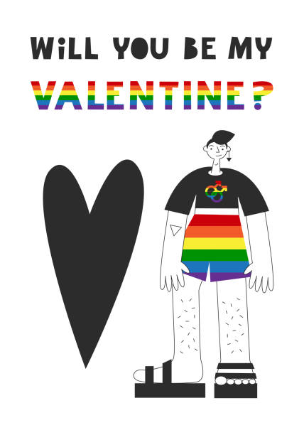 illustrazioni stock, clip art, cartoni animati e icone di tendenza di gay uomo in piedi carta romantica con bandiera arcobaleno. sarai la mia citazione di san valentino. diritti lgbt e uguaglianza, concetto di diversità. illustrazione piatta vettoriale. - rainbow gay pride homosexual homosexual couple