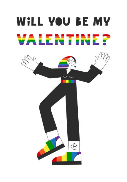 gej stojący romantyczną kartą z tęczową flagą. czy będziesz moim walentynkowym cytatem? prawa i równość lgbt, koncepcja różnorodności. wektorowa płaska ilustracja. - rainbow gay pride homosexual homosexual couple stock illustrations