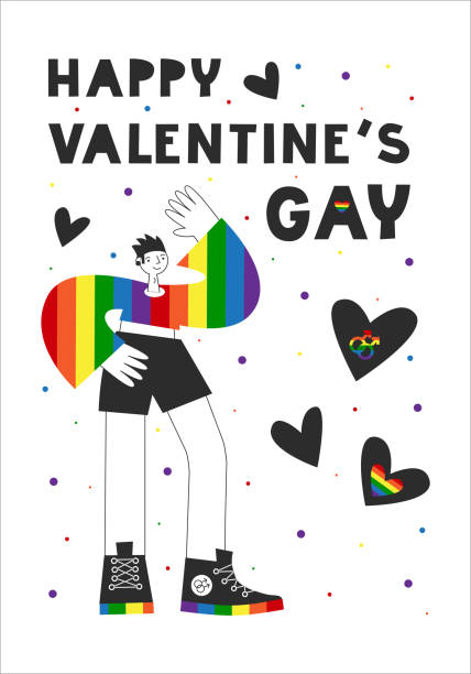 ilustraciones, imágenes clip art, dibujos animados e iconos de stock de hombre gay de pie tarjeta romántica con bandera del arco iris. feliz san valentín cita gay. derechos lgbt e igualdad, concepto de diversidad. ilustración plana vectorial. - rainbow gay pride homosexual homosexual couple