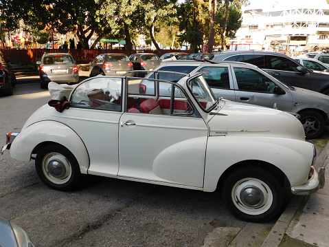 January 2nd, 2022, Glyfada, Athens, Greece. An old Morris Minor Tourer cabriolet car