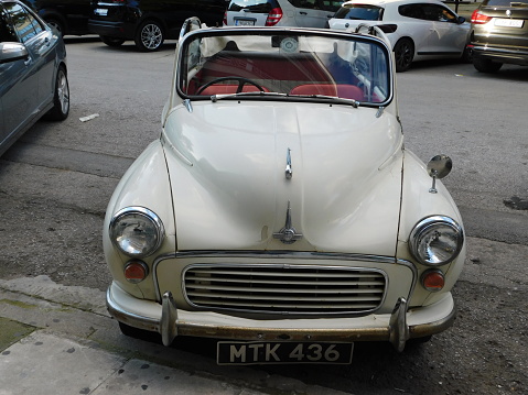 January 2nd, 2022, Glyfada, Athens, Greece. An old Morris Minor Tourer cabriolet car