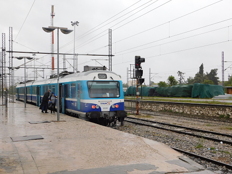 October 10th, 2021, Larisa, Greece. A passenger train on a rainy day