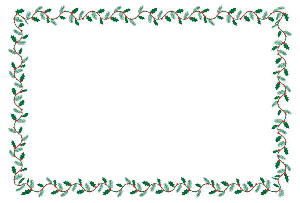 flache stechpalme und beeren adobe illustrator-musterpinselrand (auf ein rechteck angewendet) für die frohe weihnachtszeit - holly frame christmas picture frame stock-grafiken, -clipart, -cartoons und -symbole