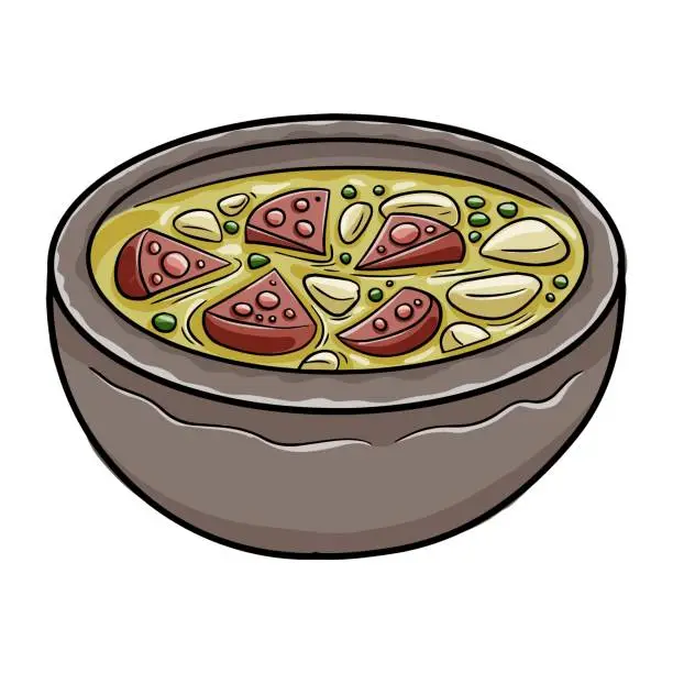 Vector illustration of Portuguese style soup called Caldo Verde, bread, Cabbage, oil, garlic and chorizo sausage